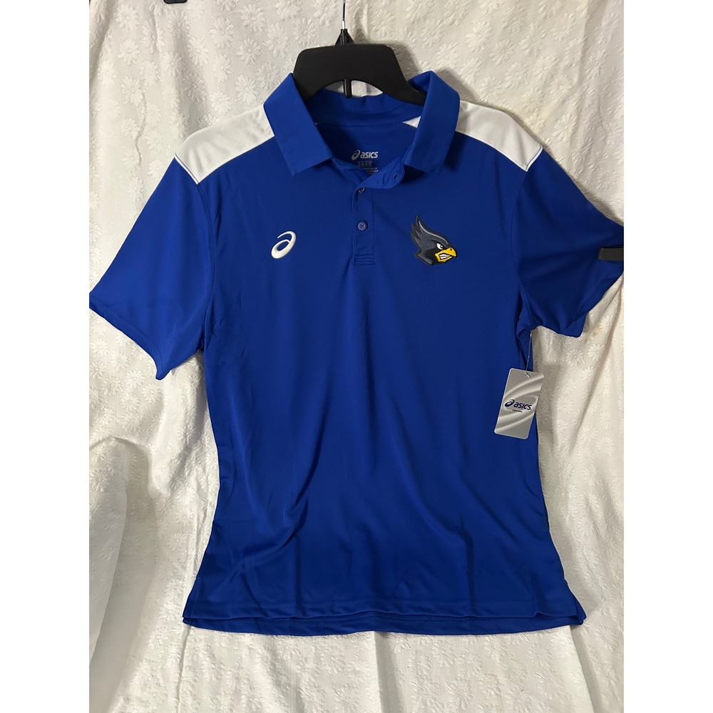 Asics Mens Blocked Team Blocked Polo Shirt Royal Blue White Bird Mascot Logo L
